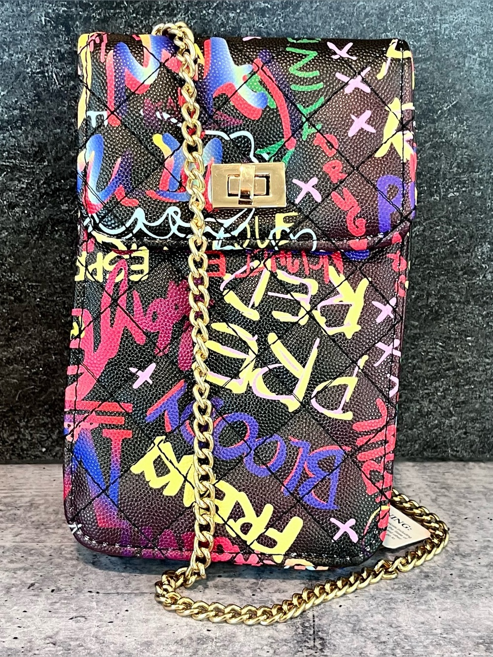 Hello 3am Quilted Graffiti Print Crossbody Phone / Bag Gold Chain Strap NWT